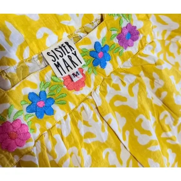 Sister Mary Beautiful Ruffle Sleeve Top Sz Medium Embroidered Yellow Boho Cotton